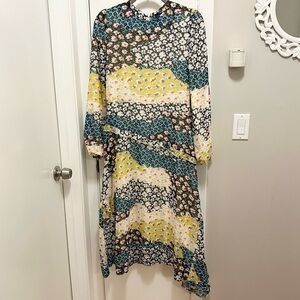 Noni Patchwork Mixed Floral Pattern Dress Long Sleeve Asymmetric Hem Dress S